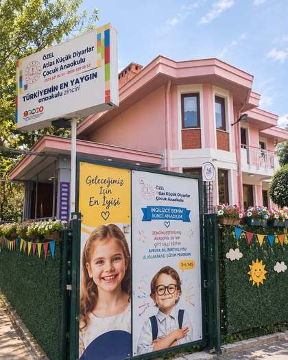 Özel Atlas Küçük Diyarlar Çocuk Anaokulu binası ve bahçe girişi